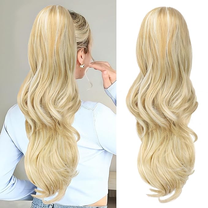 Ponytail Extension, Drawstring Ponytail Extension for Women 26 Inch Long Wavy Blonde Pony Tails Hair Extensions Synthetic Clip in Ponytail Hairpiece for Women(H24/60)