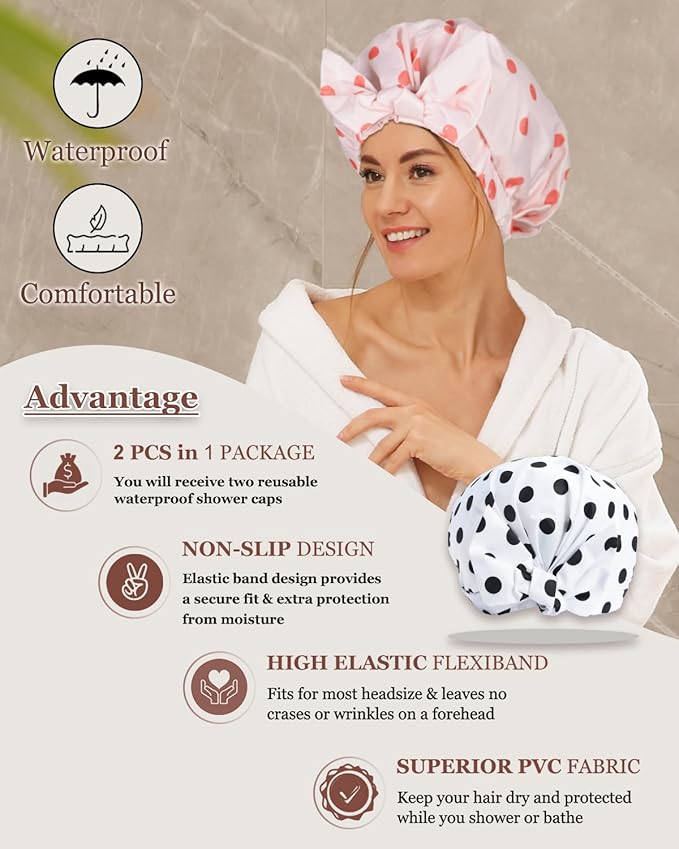 2Pcs Shower Caps for Women Shower Cap Reusable Waterproof Hair Cap for Shower with Adjustable Bowknot Luxury Bath Cap for Women (Black Dot & Pink Dot)