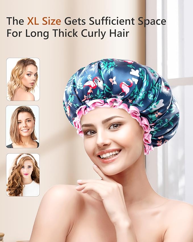 mikimini Large Shower Cap for Women Long Hair, 2 Pack,Flamingo Shower Caps with Pink Lace, Double-layer Waterproof, Reusable, Washable,X-Large (Pack of 2)