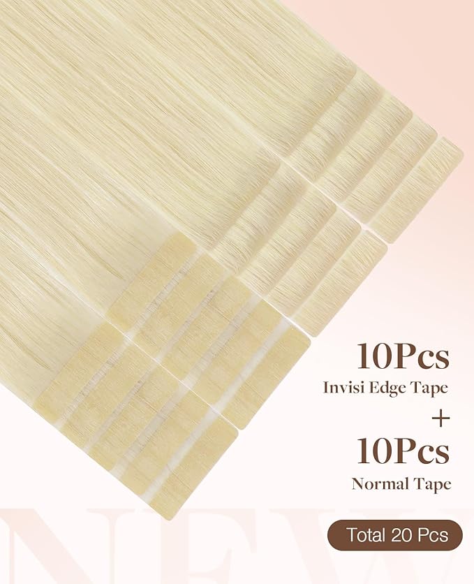 GOO GOO Invisi Edge Tape in Hair Extensions Human Hair, 60A Platinum Blonde 10pcs injected with 10pcs classical tape ins, 10inch 30g, Virgin Remy Hair, Natural Look