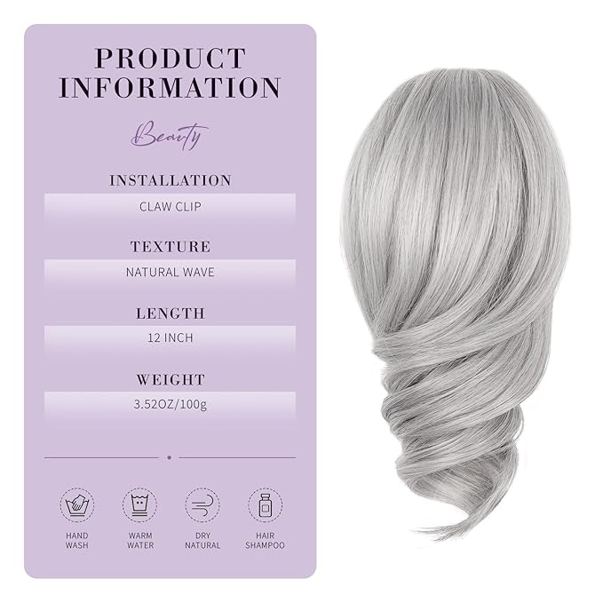 Clip on Ponytails for Women - 12 Inch Curly Ponytail Extension, Wavy Pony Tails Hair Extensions, Synthetic Hair Extensions Ponytail, Clip in Ponytail (Color: Silver Grey）