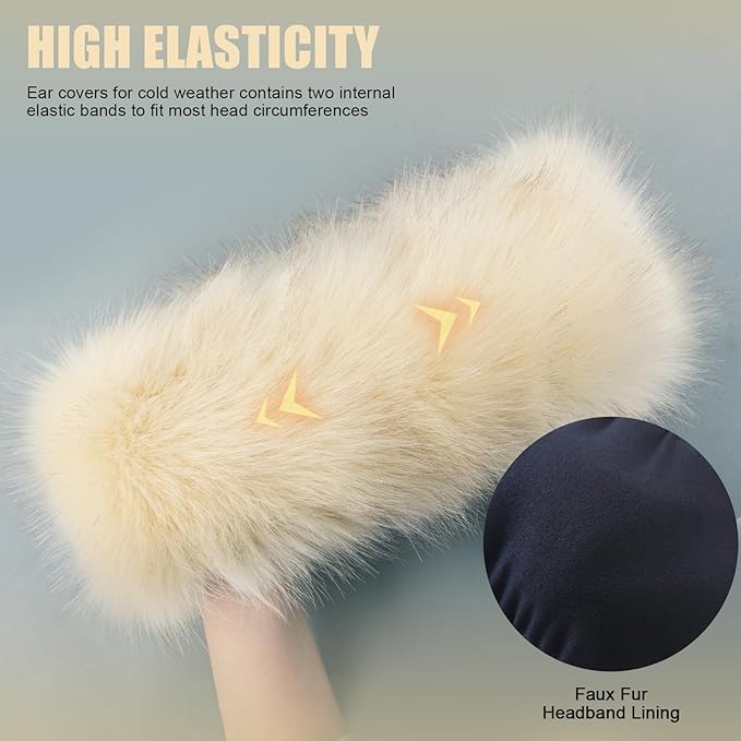 Faux Fur Headband for Women Elastic Fuzzy Thick Earmuffs Winter Headwrap Ear Muffs Furry Ear Warmers Cold Weather (Beige)