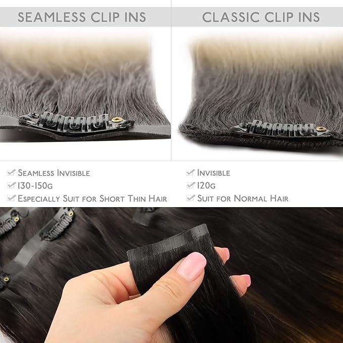 WENNALIFE Seamless Clip In Hair Extensions, 16 Inch 130g 7pcs Dark Brown to Chestnut Brown and Dirty Blonde Hair Extensions Clip in Human Hair Invisible PU Skin Weft Remy Human Hair Extensions