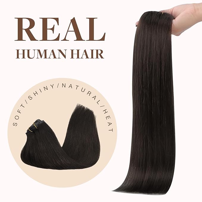 GOO GOO Clip in Hair Extensions Real Human Hair, Remy Human Hair Extensions Clip ins for Women, Natural Human Hair, 20inch 130g 7Pcs, #2 Dark Brown