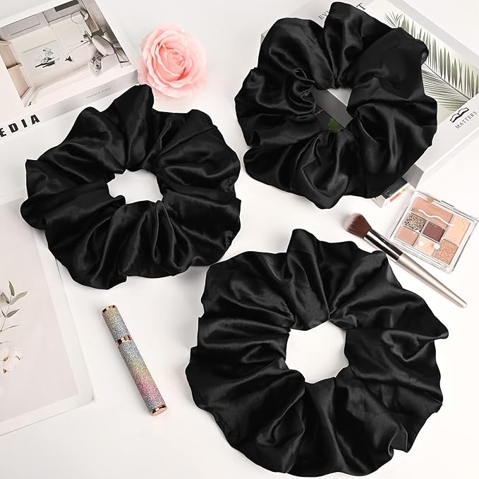 9.5 inch Silk Scrunchies Oversized Scrunchie Jumbo Scrunchies Giant Silk Scrunchie Extra Large Satin Thick Elastic Fluffy Hair Ties for Women and Girls 3 Pack (Black)
