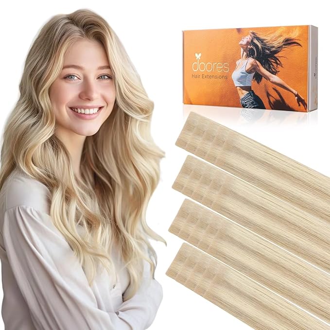DOORES Invisi Edge Hair Extensions Real Human Hair Tape in, Dark Blonde Highlighted Bleach Blonde 10 Injection Tape-ins with 10 Injection Tape-ins 50g 20 Inch, Injected Tape in