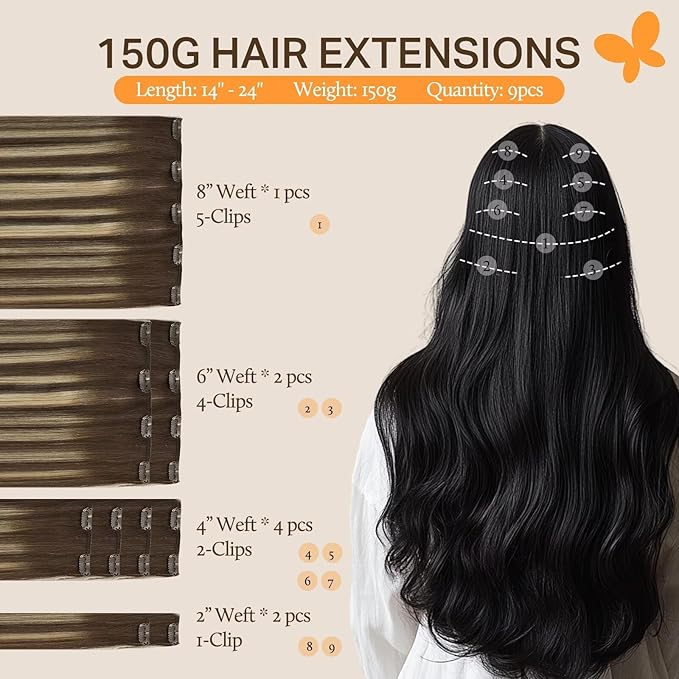 DOORES Human Hair Extensions Clip in, Balayage Chocolate Brown to Honey Blonde 150g 9pcs 22 Inch, Clip in Hair Extensions Remy Extensions Human Hair Natural Real Hair Extensions Human Hair Straight
