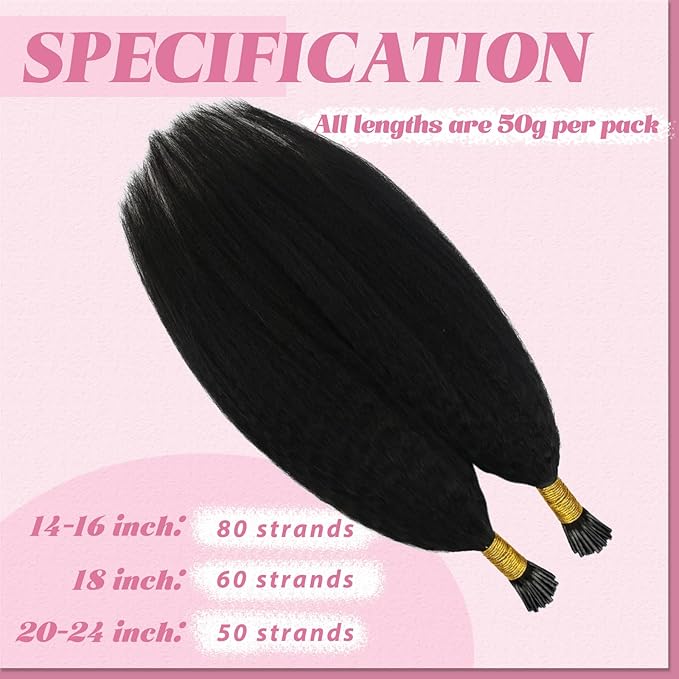 YoungSee Kinky Straight I Tip Hair Extensions Human Hair Black Kinky I Tip Extensions Remy Hair 80s 50g Itip Hair Extension Real Human Hair Yaki for Black Women Short 14Inch