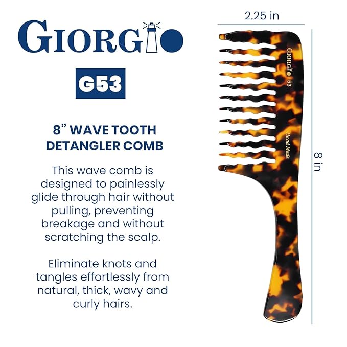 Giorgio G53 Wide Tooth Comb for Curly, Thick Hair - Handmade Rake Detangler for Wet or Dry Hair, Saw-Cut and Hand Polished (8")