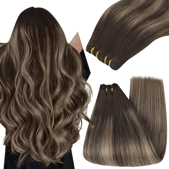 YoungSee Sew in Hair Extensions Real Human Hair Balayage Double Weft Hair Extensions Human Hiar Chocolate Brown with Ash Blonde Balayage Straight Hair Extension Sew in 20Inch 100G