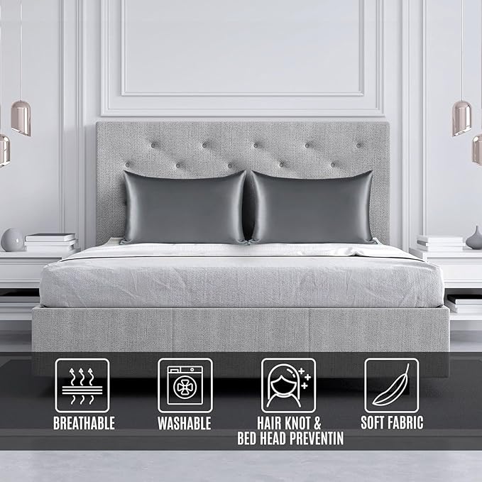 Satin Silk Pillowcase for Hair and Skin, Black Pillow Cases Standard Size Set of 4 Pack Super Soft Pillow Case with Zipper Closure (Gray, King (4 Pack))