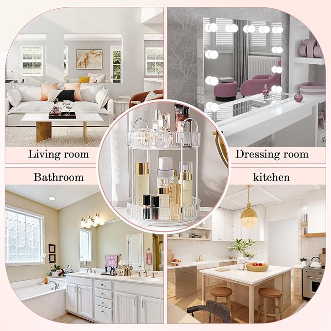 Rotating Makeup Organizer, 360° Spinning Makeup Storage Holder Rack, Dresser Bathroom Organizer Countertop, Large Capacity Perfume Skincare Lipstick Organizer for Vanity.(2 Tiers, Transparent)