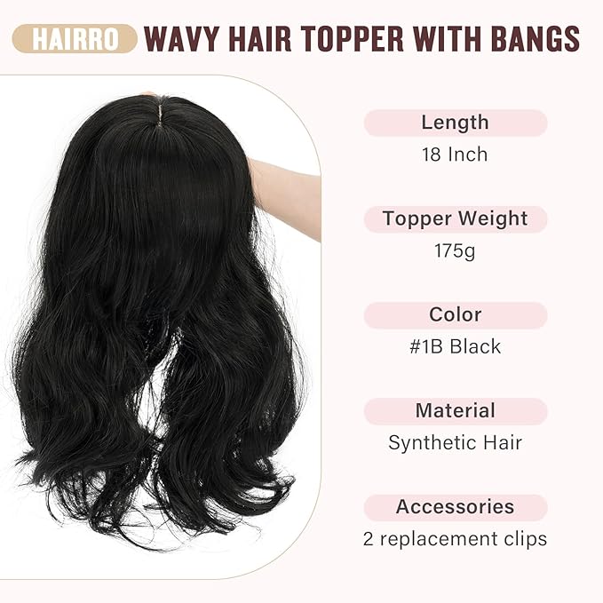 Hairro 18 Inch Long Hair Toppers Wavy with Side Bangs for Women, Clips In Synthetic Hairpieces Capless, for Adding Volume/Birthday/Party/Halloween/Cosplay Dress Up, Pure Black