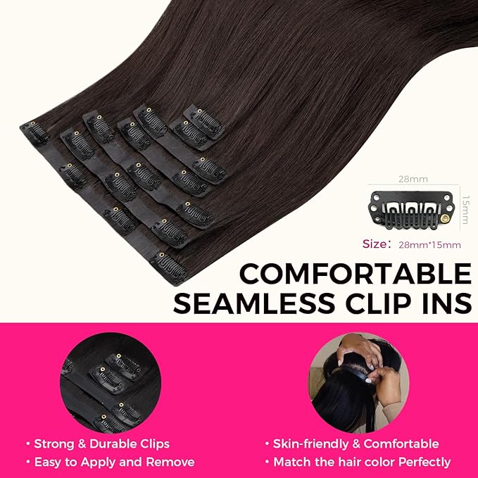 Lashey Seamless Clip in Hair Extensions Human Hair #2 Dark Brown Light Yaki Straight Clip in Extensions Real Human Hair 7pcs 110g 14 Inch PU Weft Natural Hair Extensions for Women