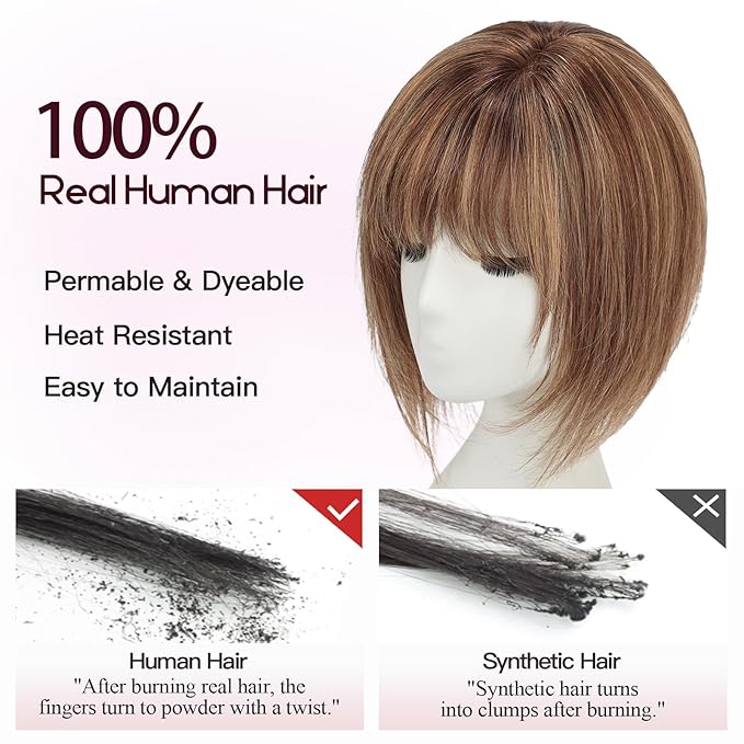EMMOR 12 Inch Human Hair Topper for Women - Real Hair Topper with Bangs & 6.5" × 6.5" Larger Base, Natural Thin Hair Solution for Women(Mixed Brown)
