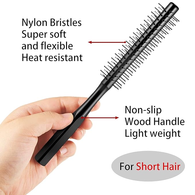 Geiserailie 2 Pieces Thick Round Hair Comb Bristle Blow Drying Hairbrush Small Brush Short Hair Massage Comb Head Massage Round Brush Roll Hairbrush for Wet or Dry(Black)