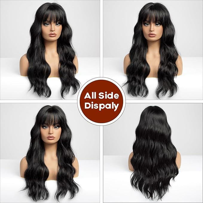EMMOR Black Wigs for Women Long Curly Wigs With Bangs Water Wavy Synthetic Wig, Party Cosplay Daily Use