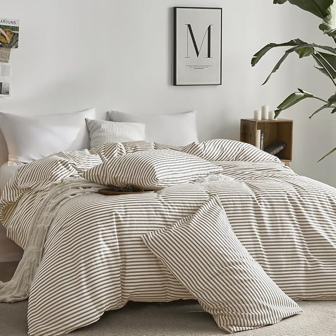 JELLYMONI 100% Natural Cotton Striped King Pillowcases Set, 2 Pack White and Khaki Stripes Pattern Printed Pillow Covers with Envelope Closure(Pillows are not Included)