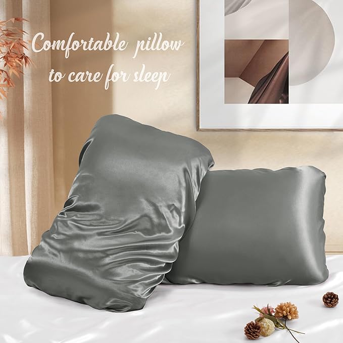 Manyshofu Satin Pillowcases for Hair Protection - 1Pcs Grey Pillow Cases, Elastic Band Standard & Queen Satin Pillowcases Luxury Silky Pillow Cases Travel Pillow Covers