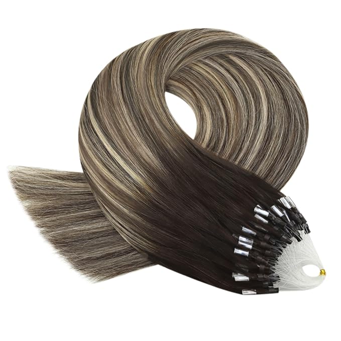 YoungSee Micro Link Hair Extensions Human Hair Balayage Micro Loop Hair Extensions Dark Brown Ombre Blonde Balayage Brown Bead Extension Human Hair 20In 50g 50s Microring Hair Extension for Wedding