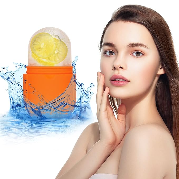 Ice Roller for Face and Eye, Gua Sha Facial Tools ,Puffiness Relief Ice Roller Skin Care ,Ice Facial Cube, Neck Massage, Silicone Ice Mold for Face Beauty,Self Care Gifts for Women ( Orange)