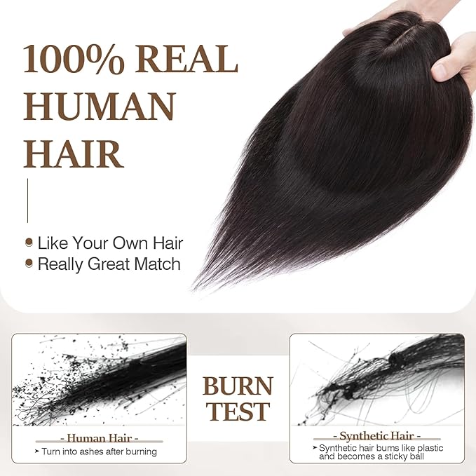 Rich Choices Hair Toppers for Women Real Human Hair 100% Human Remy Toppers NO Bangs for Women with Thinning on Top Clip in Hairpiece 4"x4.7"Lace Base 6 Inch #1B Natural Black