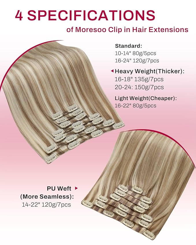 Moresoo Blonde Clip in Hair Extensions Highlight Double Weft Clip Human Hair Extensions Light Brown with Blonde Hair Real Human Hair Clip ins Full Head 7pcs/135g 16inch