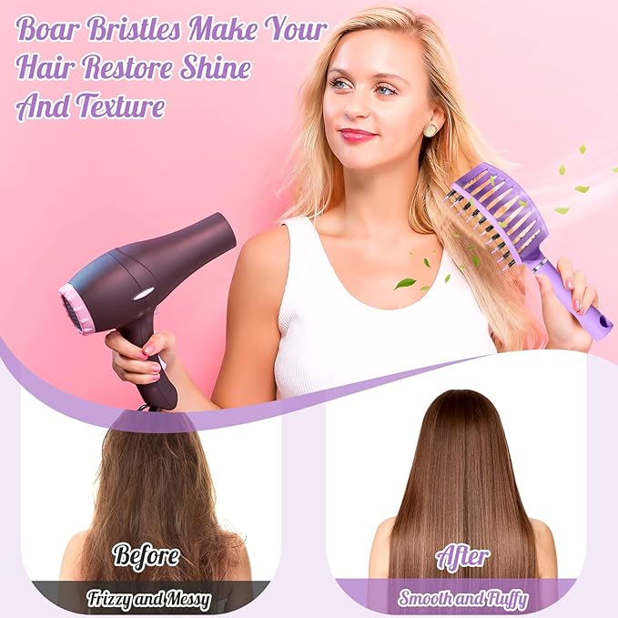 Hair Brush,URTHEONE Detangling Hairbrush Boar Bristle Curved Vented Hair Brush for Women Men Kids Curly Thick Long Short Wet or Dry Hair, Faster Blow Drying (2Pack, Pink&Purple)