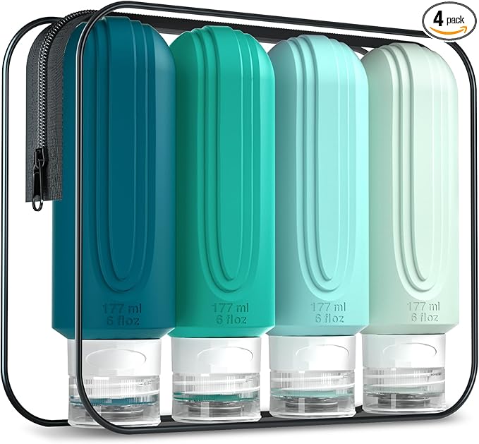 Travel Bottles for Toiletries, Large 6oz Oversize Containers, BPA Free Leak Proof Tubs Refillable Liquid Traveler Accessories with Toiletry Bag for Cometic Shampoo and Lotion Soap (4 Pack)