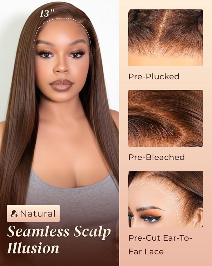 Arabella 13x6 Chocolate Brown Lace Front Wig 210% Brown Glueless Wig Human Hair Real HD Lace Front Wig True Pre Plucked Pre Bleached Pre Cut Glueless Wig (26inch,13x6 Chocolate Brown Straight wig)