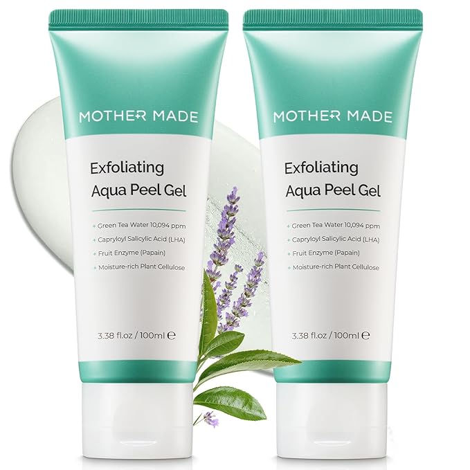 MOTHER MADE LHA Green Tea Exfoliating Aqua Peel Gel, Pore Care, Gentle Facial Exfoliator, Dead Skin Remover, Natural Cellulose for Peeling, Vegan, Korean Skincare, 2 Pack (100ml / 3.38 fl.oz)