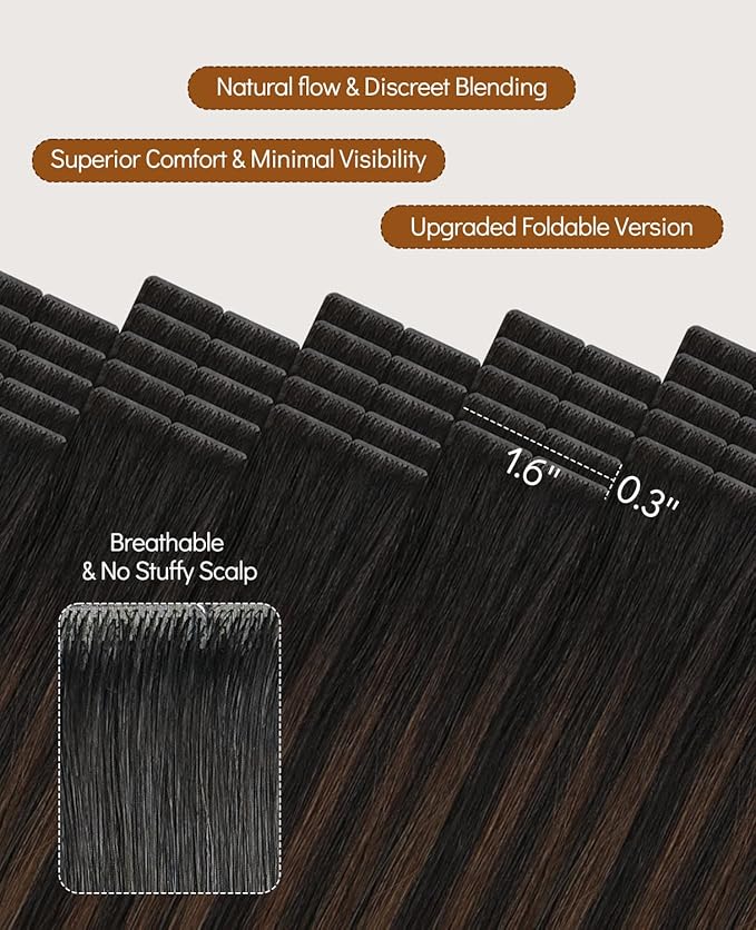 VINBAO Invisi Edge Tape in Hair Extensions 55g 20in Natural Black Ombre to Chocolate Brown 20pcs Invisible Injected Tape in Hair Extensions Real Human Hair 20inch #1BT4