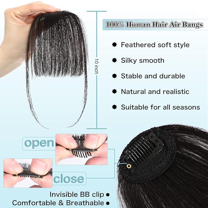NAYOO Clip in Bangs - 100% Human Hair Wispy Bangs Clip in Hair Extensions, Brown Black Air Bangs Fringe with Temples Hairpieces for Women Curved Bangs for Daily Wear