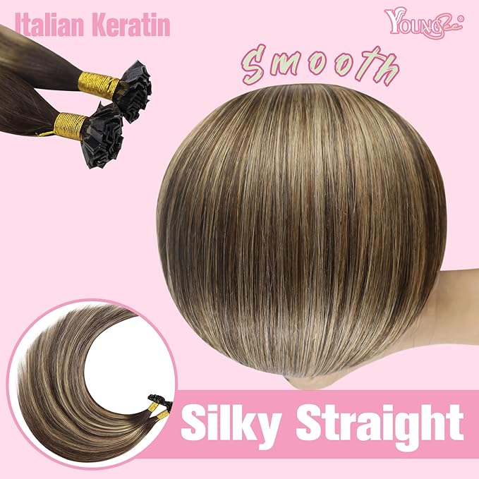 YoungSee K Tip Hair Extensions Real Human Hair Balayage Brown with Blonde 16In K Tip Keratin Hair Extensions Balayage Pre Bonded Hair Extensions Comfortable and Soft Hair Extensions Ktip 50S/50G