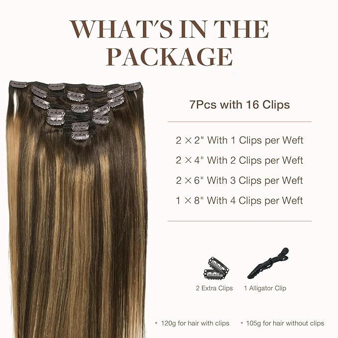 GOO GOO Clip in Hair Extensions Real Human Hair, Remy Human Hair Extensions Clip ins for Women, Natural Human Hair, 20inch 200g 7Pcs, #4/27/4 Balayage Chocolate Brown to Caramel Blonde