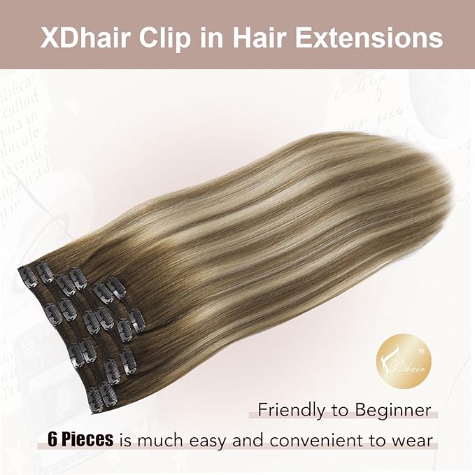 XDhair Human Hair Clip in Extensions 100g 6pcs 16 Inch Balayage Ombre Walnut Brown to Ash Brown and Blonde Clip in Hair Extensions Real Human Hair for Women(16”, 3/8/22)