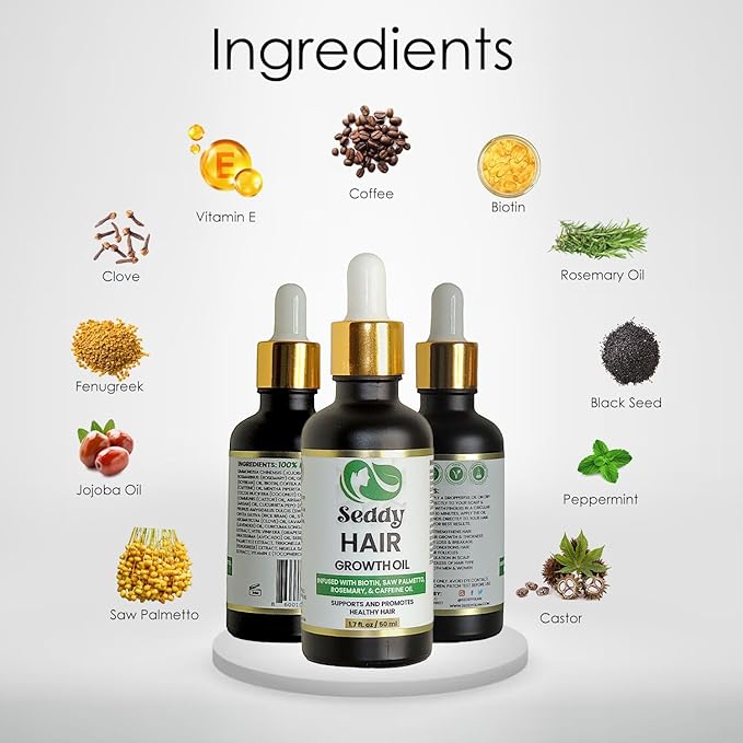 Seddy Hair Growth & Strengthening Oil with Caffeine, Rosemary, Castor, Biotin, Peppermint, Argan & Jojoba Oils - 1.7 Fl. Oz (Pack of 1)