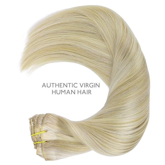 WENNALIFE Clip in Hair Extensions Real Human Hair, 16 Inch 120g 7pcs Remy Hair, Ash Blonde Highlighted Platinum Blonde Straight Natural Extensiones De Cabello Humano Con Clip Ins