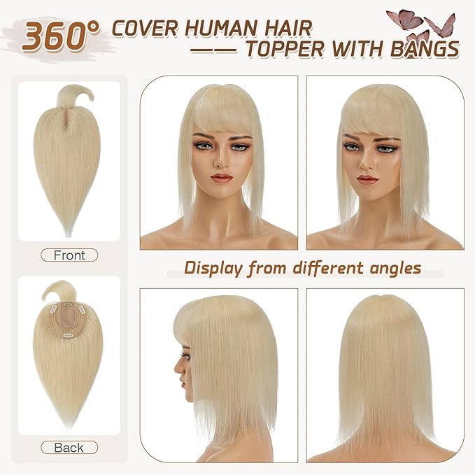 Rich Choices Real Human Hair Topper With Bang for Women - 100% Remy Hair for Thinning Hair, Clip in Silk Base, 10 Inch #613 Bleach Blonde