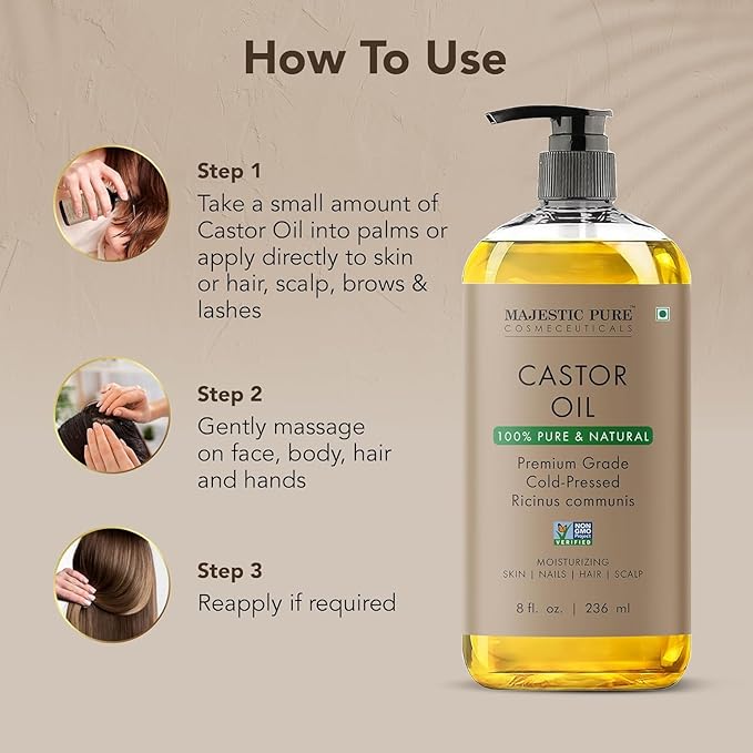 Majestic Pure Castor Oil - 100% Pure & Natural - Premium Grade, Cold Pressed, Hexane Free - Hair, Eyelashes, Eyebrows, Nails - Moisturizing & Nourishing - 8 Fl Oz