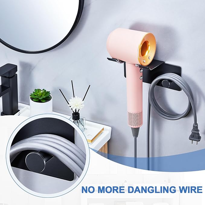 Hair Dryer Holder Wall Mounted, Blow Dryer Holder Adhesive, Metal Hairdryer Holder for Bathroom, Hair Tool Organizer with Plug&Cord for Cabinet Bathroom Bedroom Barber Shops