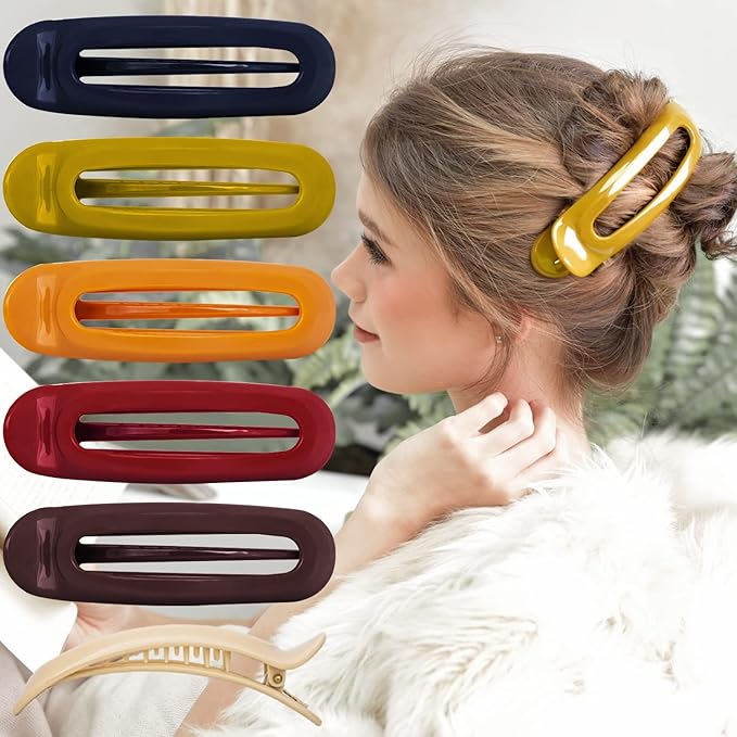RC ROCHE 6 Pcs Flat Claw Hair Clips for Women Alligator French Barrette Long Thick Hair Duckbill Curved No Slip Grip Lay Flat Side Slide Firm Classic Styling, Large Classic Multicolor
