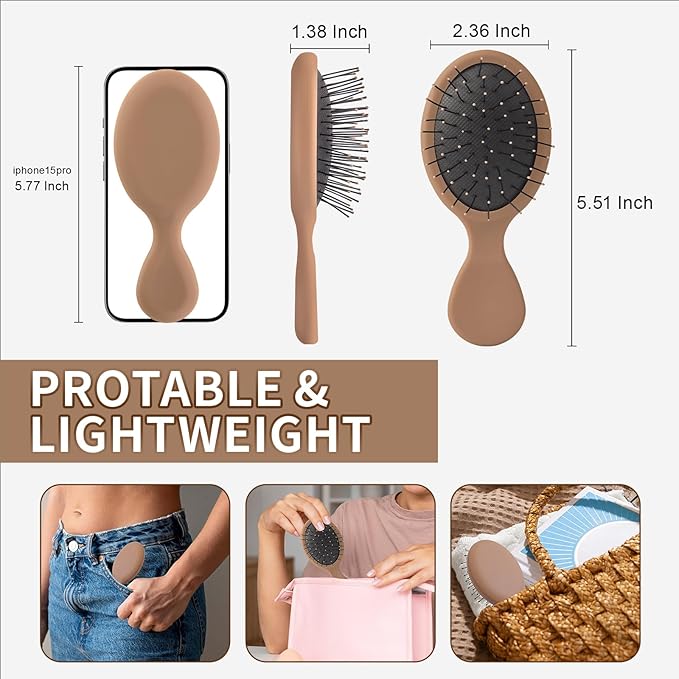 Mini Hair Bursh for Kids Women and Men, Protable Travel Size Hair Brush for Pockets Purse backpack,Mini Detangler Brush for All Hair Types, Small Hair Brush for Detangling(1 Pack-Mocha)