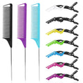 Rat Tail Comb Hair Clips Set: 3Pcs Rat Tail Combs, 7Pcs Alligator Clips (Black, Purple, Blue)