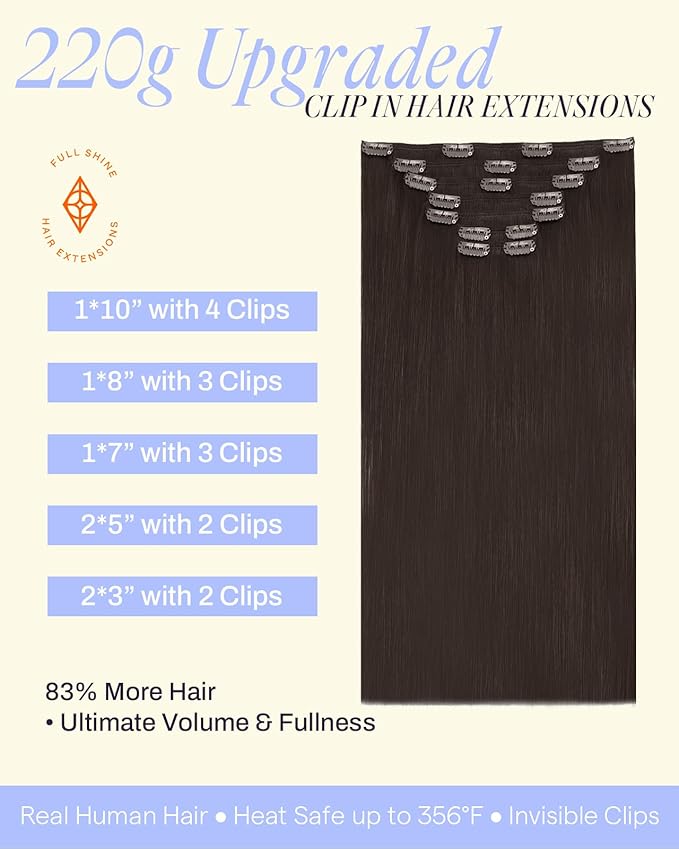 Full Shine Dark Brown Extensions Clip in 22 Inch 220 G Thick Clip in Hair Extensions Real Human Hair Dark Brown Human Hair Extensions for Volume 7 Pcs