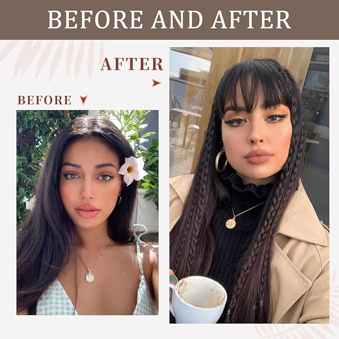 Light Brown Clip In Bangs Real Human Hair French Bangs For Women Clips Thick Bangs Fringe With Temples Hairpieces Curved Bangs For Daily Wear