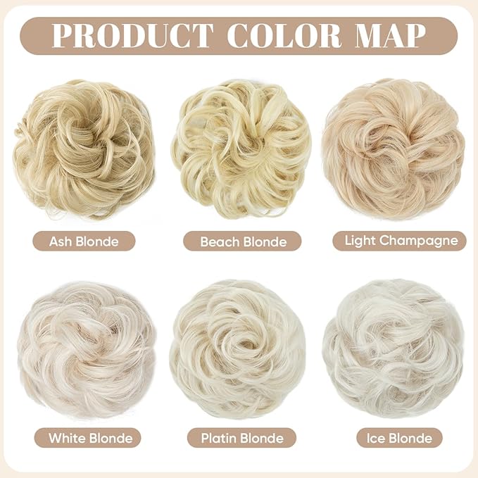 SARLA 2PCS Messy Hair Bun Hair Pieces Wavy Curly Synthetic Updo Fake Scrunchies Ponytail Extension for Women Beach Blonde