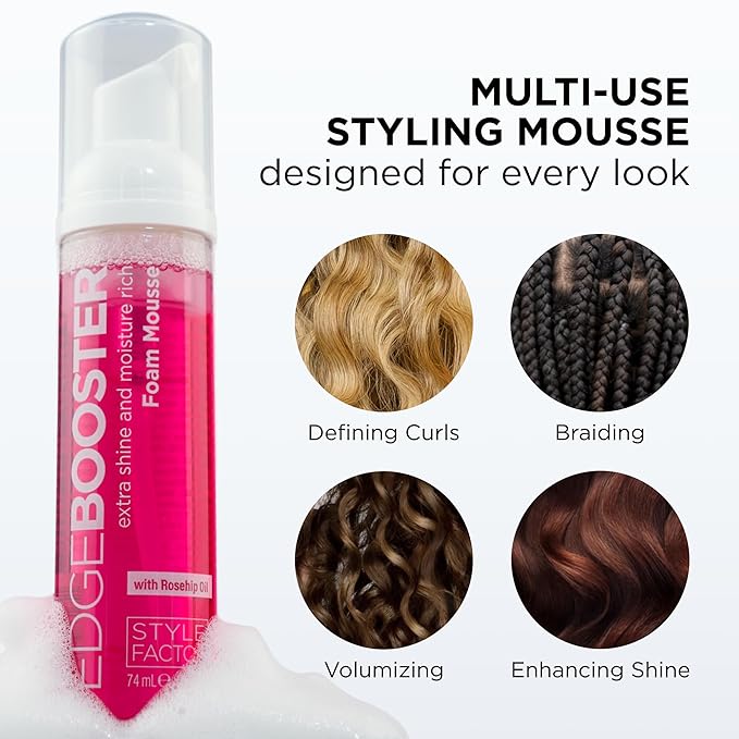 Style Factor EDGE BOOSTER Extra Shine & Moisture Rich Foam Mousse | Lightweight Styling for Curls, Waves, Braids, Locs & Protective Styles | Volume & Shine | With Lavender | 9 fl oz