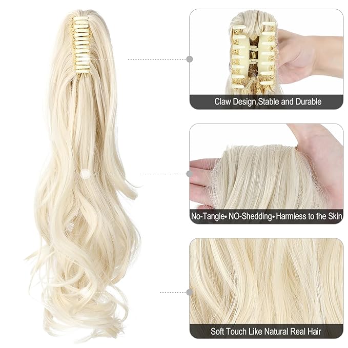 Claw Clip Ponytail Extension 18" Clip in Wavy Ponytail Hair Extensions Long Pony Tails for Women Extensions Platinum Blonde Wave Hairpiece