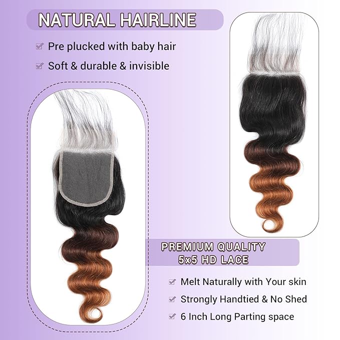 Ombre Body Wave 5x5 Lace Closure Chestnut BrownT1B/2/30 5x5 Body Wave Lace Closure 100% Real Human Hair 14 Inch 150% Density